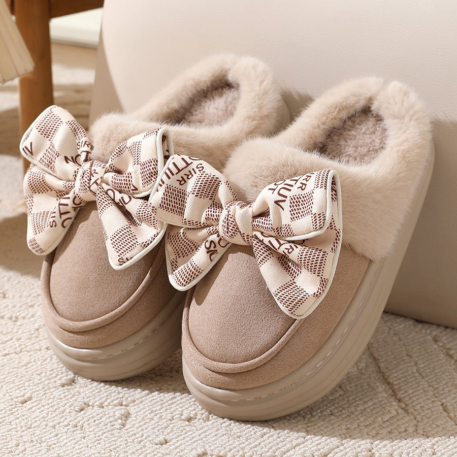 Cute Bowknot Plush Slipper  For Women Fashion Thick-soled