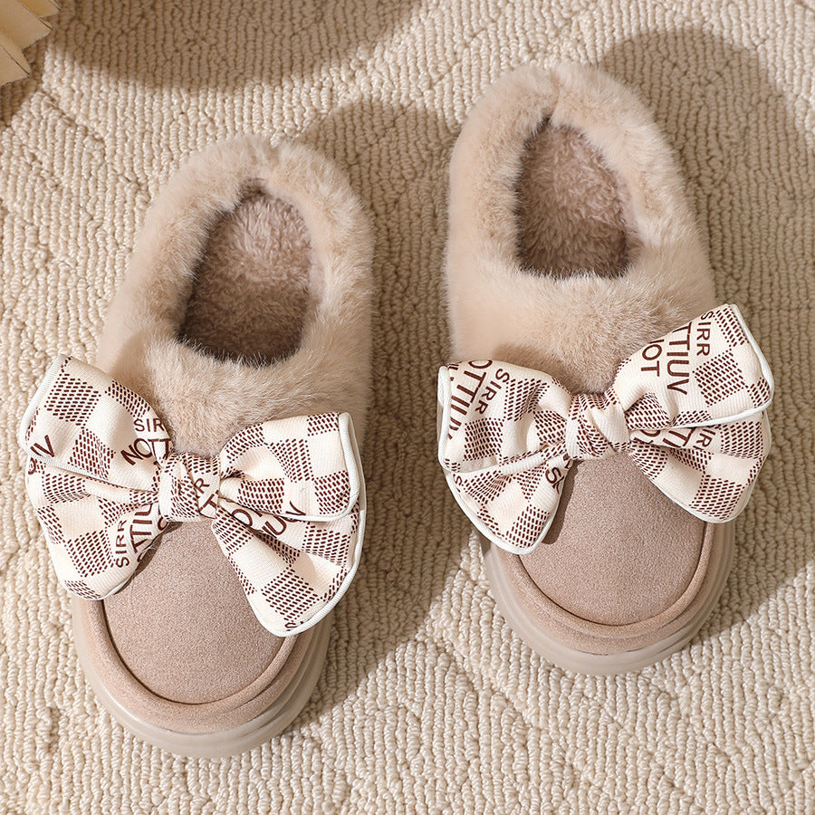 Cute Bowknot Plush Slipper  For Women Fashion Thick-soled