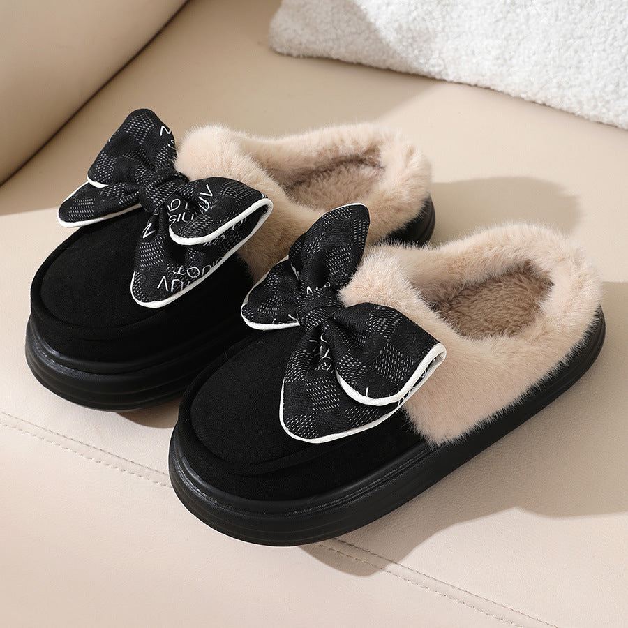 Cute Bowknot Plush Slipper  For Women Fashion Thick-soled