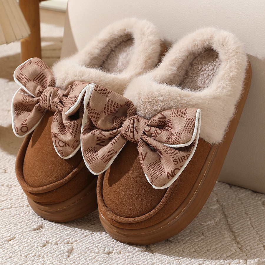 Cute Bowknot Plush Slipper  For Women Fashion Thick-soled