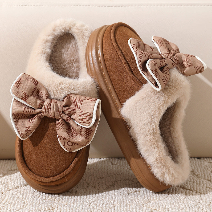 Cute Bowknot Plush Slipper  For Women Fashion Thick-soled